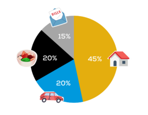Illustration of the percentage in budget. 45% with home, 15% with bills, 20% with food and 20% with transportation.
